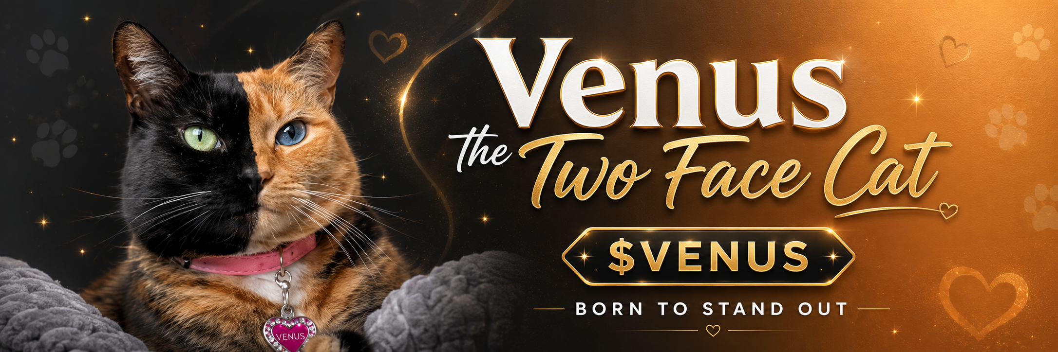 Venus the Two Face Cat — half black with a green eye, half ginger with a blue eye — beside the $VENUS Born to Stand Out logo