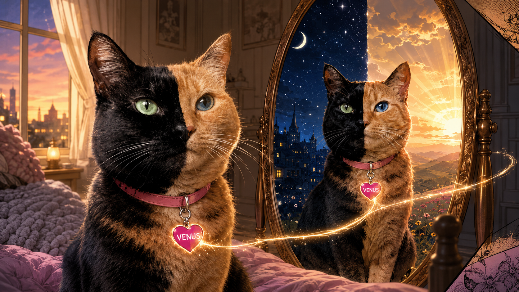 Venus gazing into a mirror between a starry night sky and a golden sunrise