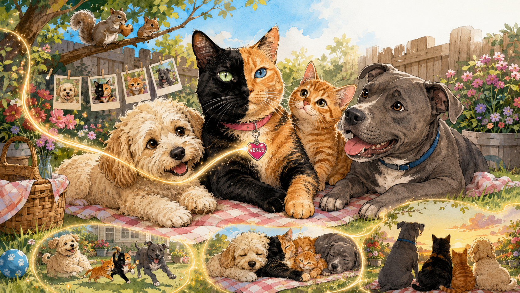 Venus with her family — Roo, Tater Tot and Diesel — and the backyard squirrels