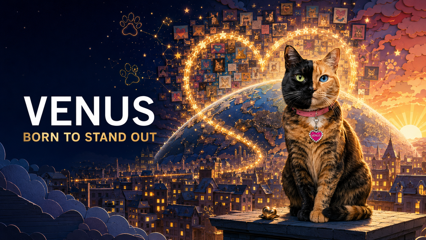 Venus above a glowing city, a golden trail connecting the world